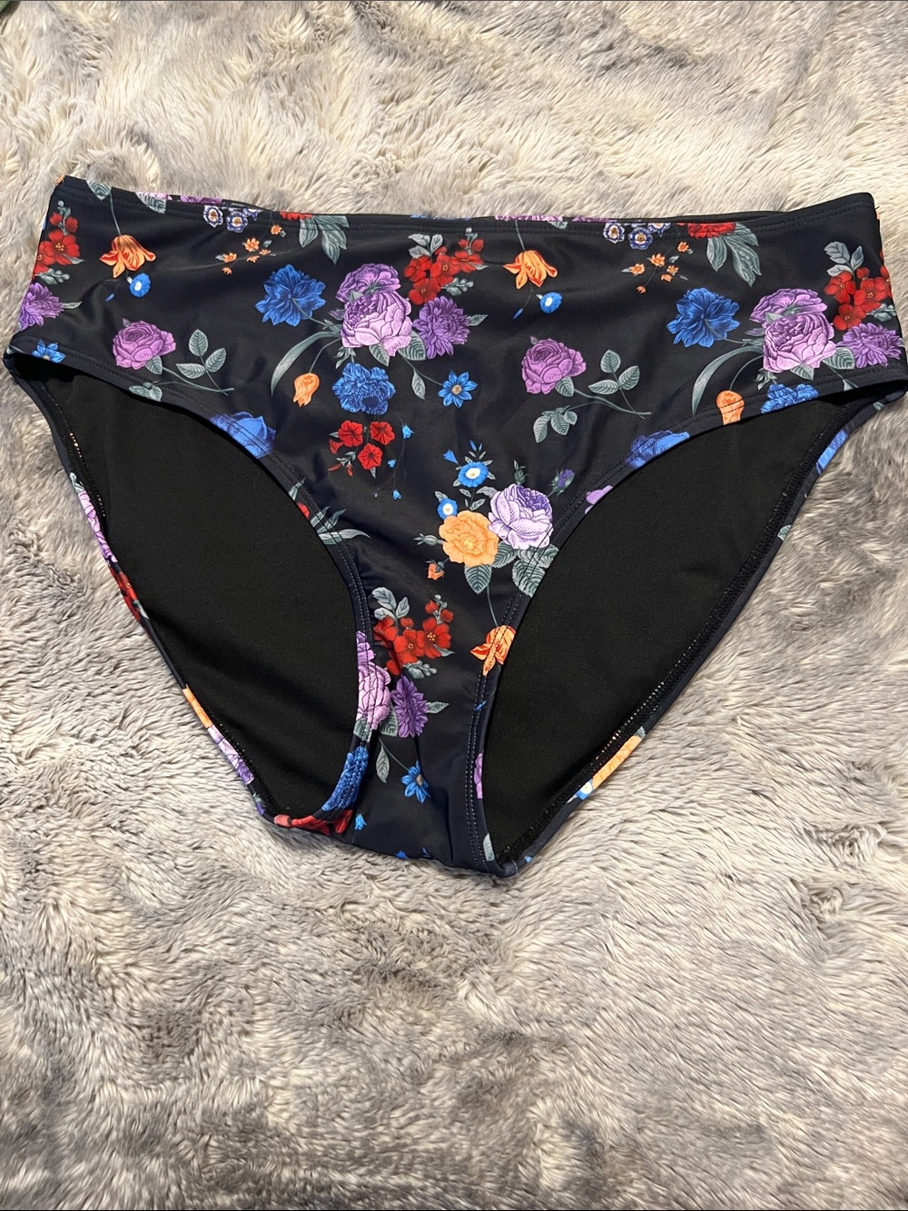 High Waist Floral Swim Bottoms - Black with Multicolor Flowers